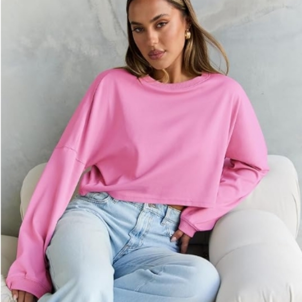 Cropped Oversized Crewneck Sweater Long Sleeve Pink New